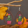 Water-drop wooden earrings featuring green cactus and pink flower in a desert theme - Cactus Potted Plant (WEH3921)