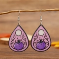 Close-up of teardrop acrylic earrings with pumpkin illustration on autumn branch - The Pumpkin Tarot Style (WEH3692) / Purple