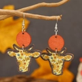 Floral print bull head wooden earrings with orange studs for cowgirl festival style - Yellow Floral Print (WEH3928)