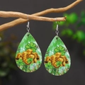 Saint Patrick's Day wood clover teardrop earrings featuring gold coins and shamrock designs - Gold Coins Shamrock (WEH4238)