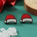 Pendientes de madera con diseño de gorro de Papá Noel sobre fondo navideño - Diseño de Gorro de Papá Noel (WEH3668 Rojo, Bañado en Oro Blanco)