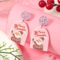 Pink glitter Christmas tree earrings with Santa Claus and Merry Christmas text - Pink Arch Santa Claus Style (WEH3894) / Pink