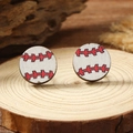 Macro shot of minimalist round wooden baseball stud earrings on natural wood base - Baseball Style (WEH4170)