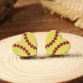 Macro detail of heart-shaped baseball stud earrings made of wood on a natural base - Softball Pattern (WEH4162)