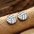 Minimalist wooden volleyball stud earrings displayed on burlap and rustic wood - Volleyball Style (WEH4168)