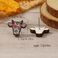 Detail view of floral bull head wooden stud earrings with precise dimensions and weight - Multicolor Floral (WEH4312)