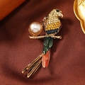 Detailansicht einer bunten Papagei-Brosche mit Strass und Perle auf brauner Seide - Champagner Papagei