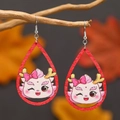 Traditional Chinese style teardrop wooden earrings with hand-painted cartoon dragon charm - Painted Dragon Teardrop / Pink (WEH4268)