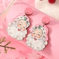 Santa Claus vintage printed drop earrings with pink studs for Christmas holiday fashion - Vintage Santa Claus Head Style (WEH3893)
