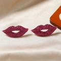Fashionable red lip earrings with vibrant pink rhinestones and gold-plated metal borders - Rose Red
