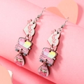 Macro shot of wooden Valentine teardrop earrings with pink retro car and love heart design - Vintage Car Envelope Style (WEH4319)