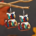 Künstlerische Ohrringe in Katzenform mit Bücherregal-Muster an einem Naturzweig - Katzen-Stil(WEH4344)
