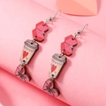 Pink wood drop earrings featuring heart envelope and coffee cup charms for Valentine's - Lip Coffee Cup Style (WEH4316)