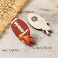 Detail shot showing dimensions and weight of flame rugby wooden earrings on a wood background - Flame Style