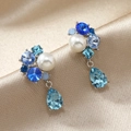 Blue crystal floral drop earrings with teardrop pendant and pearl on champagne silk - Light Blue Artificial Pearl Teardrop Style (WEH4368) / Light Blue