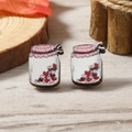Pendientes creativos de madera con diseño de frasco lleno de corazones y un lazo rosa - Blanco (WEH4099)