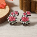 Pendientes de madera con flor de camelia roja y hojas verdes de estilo vintage - Estilo Vintage de Flor Roja y Hoja Verde (WEH4105)