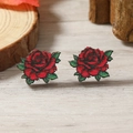 Pendientes de botón de madera con flor de rosa roja y diseño retro natural - Estilo Pintado de Rosa Clásica (WEH4109)