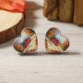Pendientes de madera en forma de corazón con mariquita y patrón de paisaje de otoño - Estilo Mariquita del Bosque Natural (WEH4112)