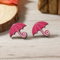 Pendientes de madera con forma de paraguas rojo con diseño de espiral blanca y estilo - Estilo de Paraguas en Espiral Rojo (WEH4115)