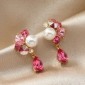 Elegant gold drop earrings with pink crystals and pearls on champagne silk fabric - Pink Artificial Pearl Teardrop Style (WEH4368) / Rose Red