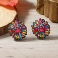 Pendientes de madera con diseño de flor colorida y corazón central artístico - Estilo de Corazón de Pétalo Multicolor Vibrante (WEH4125)
