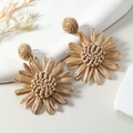 Handmade raffia sunflower drop earrings in natural khaki for ethnic beach vacation style - Sunflower Style (WEH4764) / Deep Coffee / KC Gold