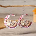 Crescent moon wooden earrings with cute otter family and pink heart print for Mother's Day - Pink Beaver