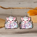 Cute cartoon pig wooden earrings with flower crowns and tutus for Mother's Day gift - Pink Pig