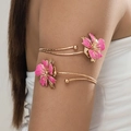 Adjustable golden upper arm cuff featuring pink enamel flowers in a bohemian style - Rose Red