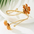 Gold-plated bamboo texture arm cuff featuring orange enamel flowers in a minimalist design - Orange