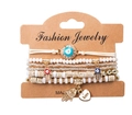 Boho-Perlenarmband-Set mit blauem bösen Blick und goldenen Herzanhängern - Hand der Fatima und Böser Blick Stil (WB313-G) / Reinweiß