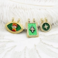 Detailed view of 18K gold plated tarot pendants with green enamel and sparkling zircons - Yellow Red Green Eye (M0484) / 22*28.5mm