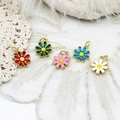 Detail of five colorful daisy enamel pendants with gold-plated edges for DIY jewelry making - Small Flower / White
