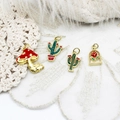 18K gold plated enamel charms set with mushroom cactus and rose pendant designs - Mushroom