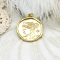 18K gold plated coin necklace pendant with relief female portrait and star detail - Queen Portrait