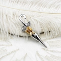 Detailed macro view of silver umbrella brooch with gold bow and yellow crystals - Two-color Umbrella Style (G0543) / 16*53mm