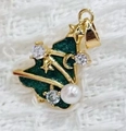 Detail of Christmas tree pendant with green enamel, zircons and a white pearl bead - Green Christmas Tree (With Pearl)