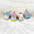 Tropical tarot-style enamel pendant necklaces with palm tree and sun patterns in gold finish - Blue Pink Palm Tree Square