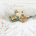 Vintage gold clover and floral pendants with turquoise and pearls on white lace decor - Pearl Rhombus Style
