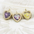 Golden heart-shaped locket pendant with colorful beads and sparkling zircon stones - Dark Purple Color Beads Heart (M0557)
