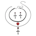 Set gioielli gotici con pendenti a cuore croce e collana girocollo in pelle e catena - Set Orecchini e Collana Cuore Croce Nera (WTZ143)
