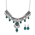Bohemian silver necklace and earring set with green waterdrop crystals and tassel details - Antique Silver Green