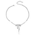 Elegante Strass-Schleifen-Halskette mit Tennis-Kette und hängender Perlentropfen - Schleife Perle Tennis Halskette (WXL1067)