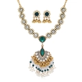 Exotic Indian style jewelry set with green crystal floral necklace and tassel earrings - Antique Gold Green