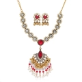 Detail of luxury Indian style tassel necklace with red teardrop gem and pearls - Antique Gold Red