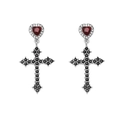 Orecchini gotici con cuori rossi e croci tempestate di piccoli cristalli neri - Orecchini Cuore Croce Nera (WEH3278)