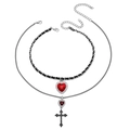 Gothic Halsketten-Set mit rotem Herzanhänger und schwarzem Kreuz an silbernen Ketten - Mehrlagige Herz Schwarze Kreuz Halskette (WXL1068)