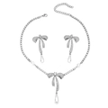 Silbernes Schleifen-Halsketten- und Ohrring-Set mit Strass und Tropfenperlen - Schleife Perle Schmuckset (WTZ145)