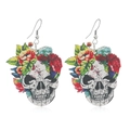 Orecchini in legno di Halloween con teschio e fiori colorati con ganci in argento - Stile Teschio Floreale (WEH3311)